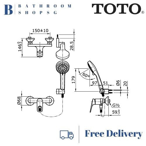 TOTO Rei R Series Single Lever Shower Mixer with Hand Shower Set TX474SRR