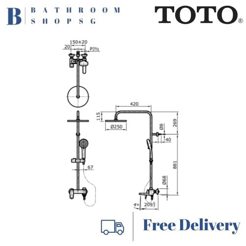 TOTO REI S 3-Way Rain Shower Column Set with Mixer TX493SRS | Rainshower Clearance