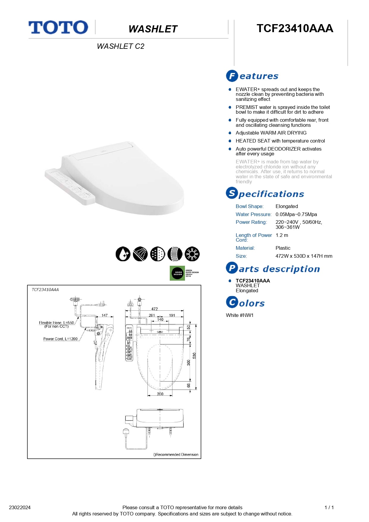 TOTO Washlet Electric Bidet Seat TCF23410AAA