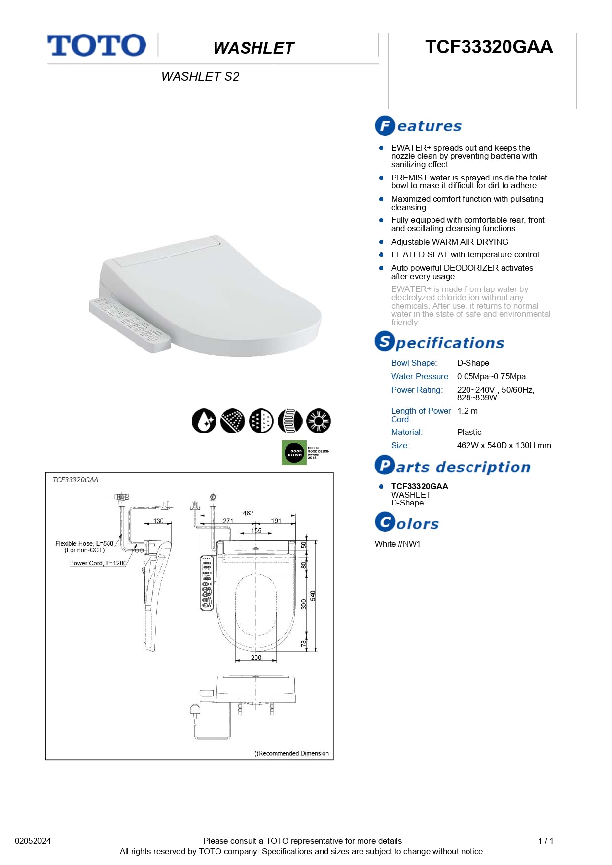 TOTO CW553A Wall Hung Rimless Toilet Bowl bundle with TCF33320GAA Washlet S2 Electric Bidet Seat