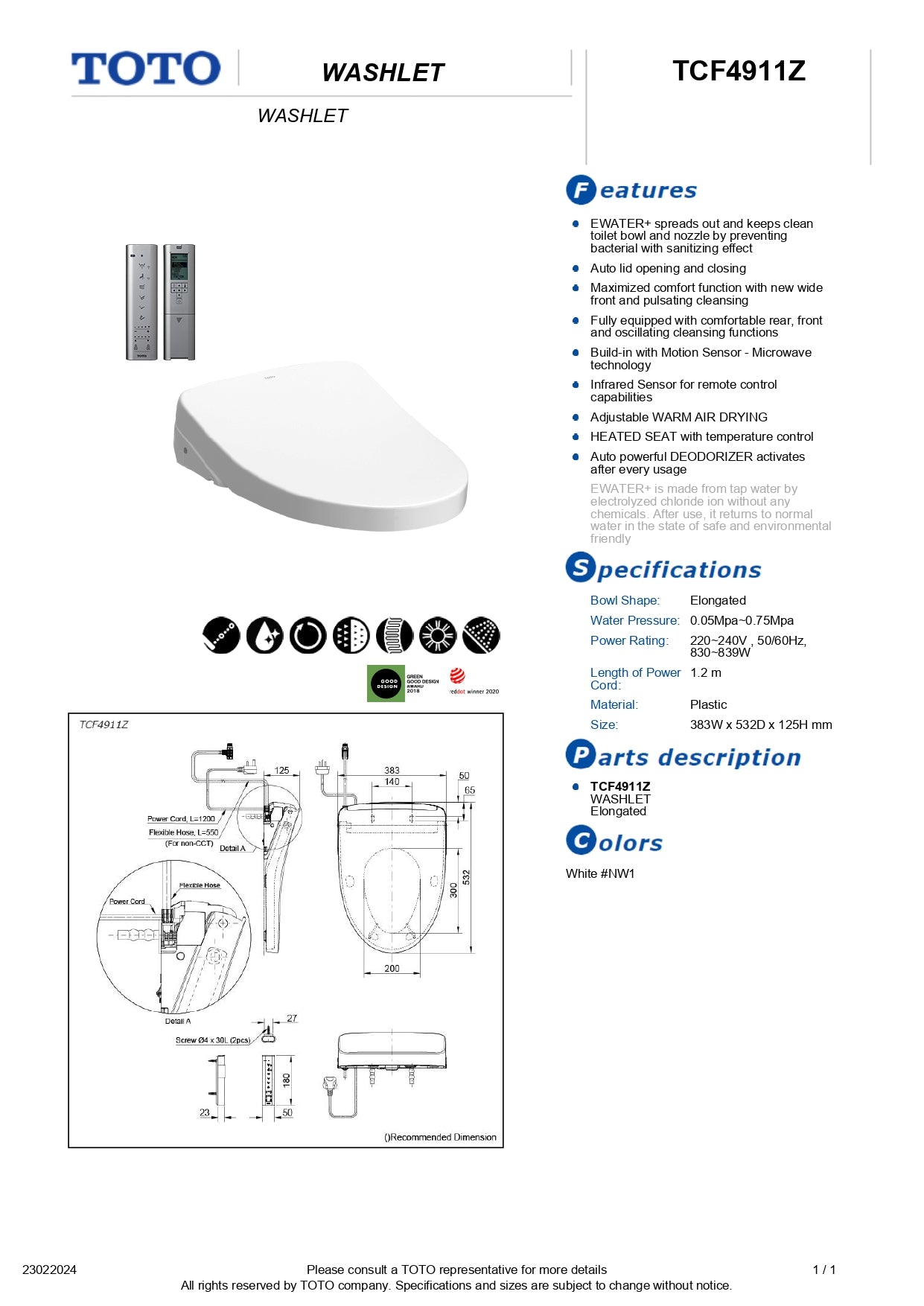 TOTO Washlet Electric Bidet Seat TCF4911EZ