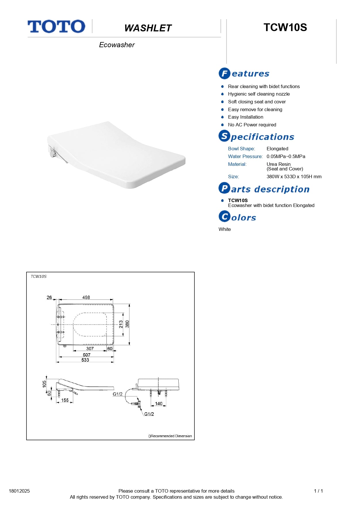 TOTO Ecowasher Manual Bidet Seat and Cover TCW10S