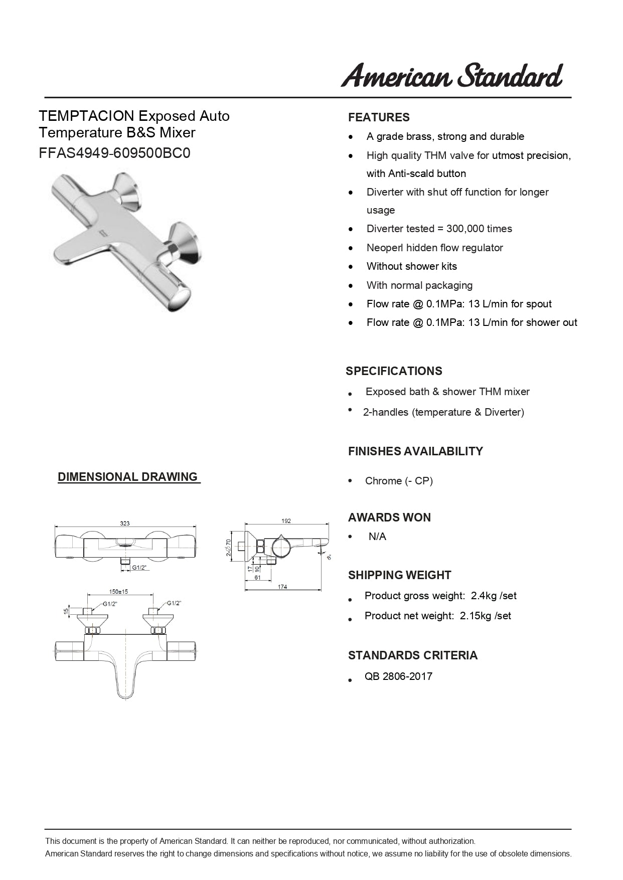 American Standard Temptacion Auto Temperature Bath Mixer Faucet FFAS4949