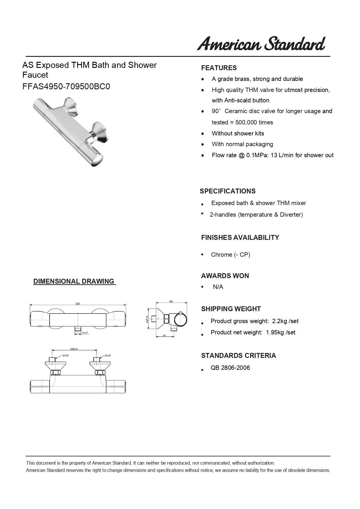 American Standard Temptacion Auto Temperature Shower Mixer Faucet FFAS4950