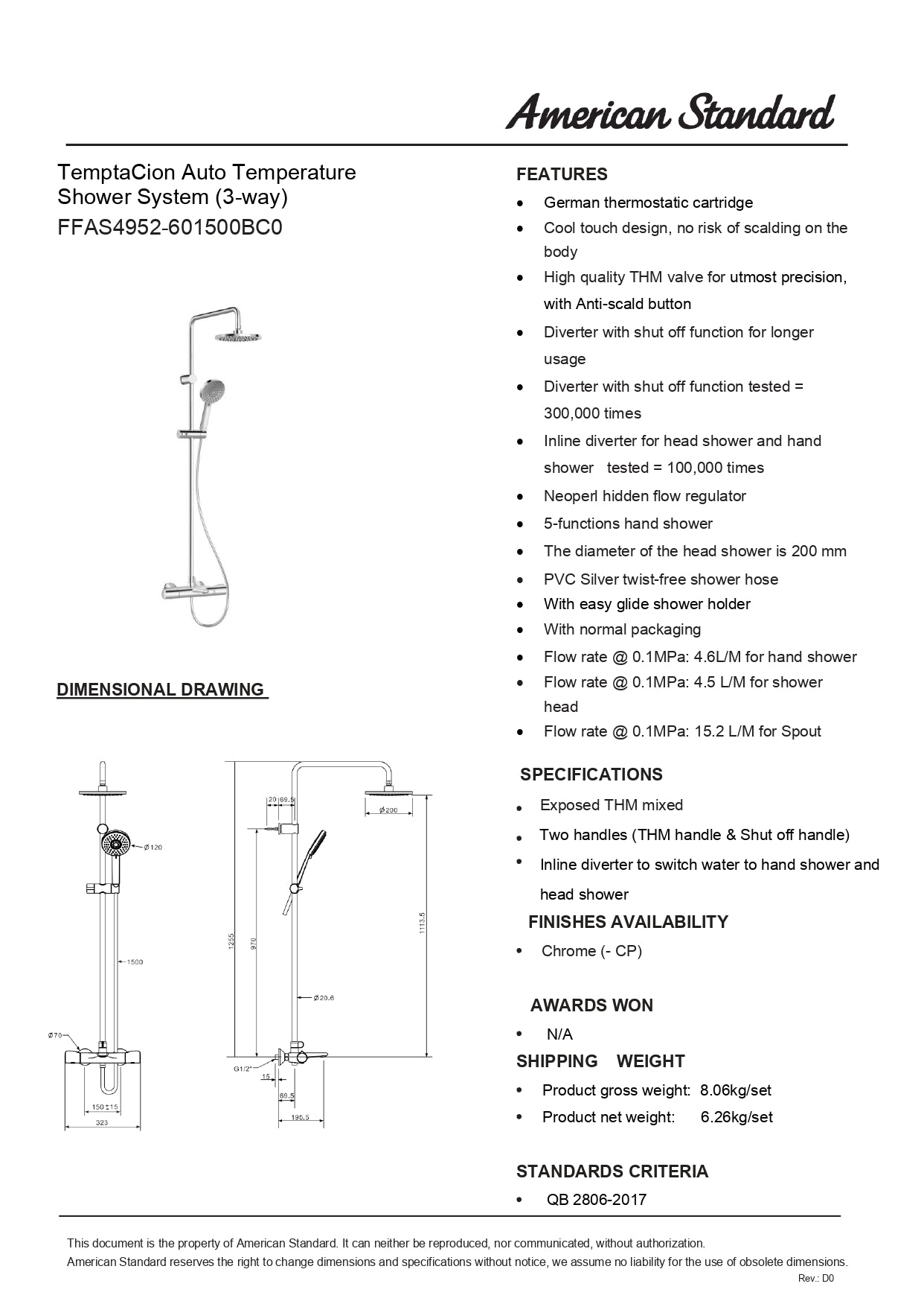 American Standard Temptacion 3-Way Rainshower System FFAS4952