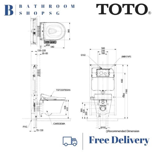 TOTO CW553C Wall Hung Rimless Toilet Bowl with TCF33370GAA Concealed Washlet S2 Electric Bidet Seat