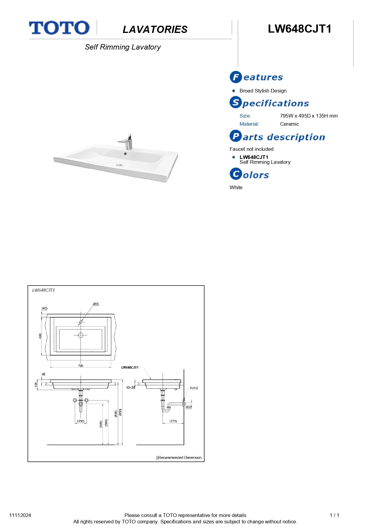 TOTO Self Rimming Lavatory Basin LW648CJT1- [Ready Stock]