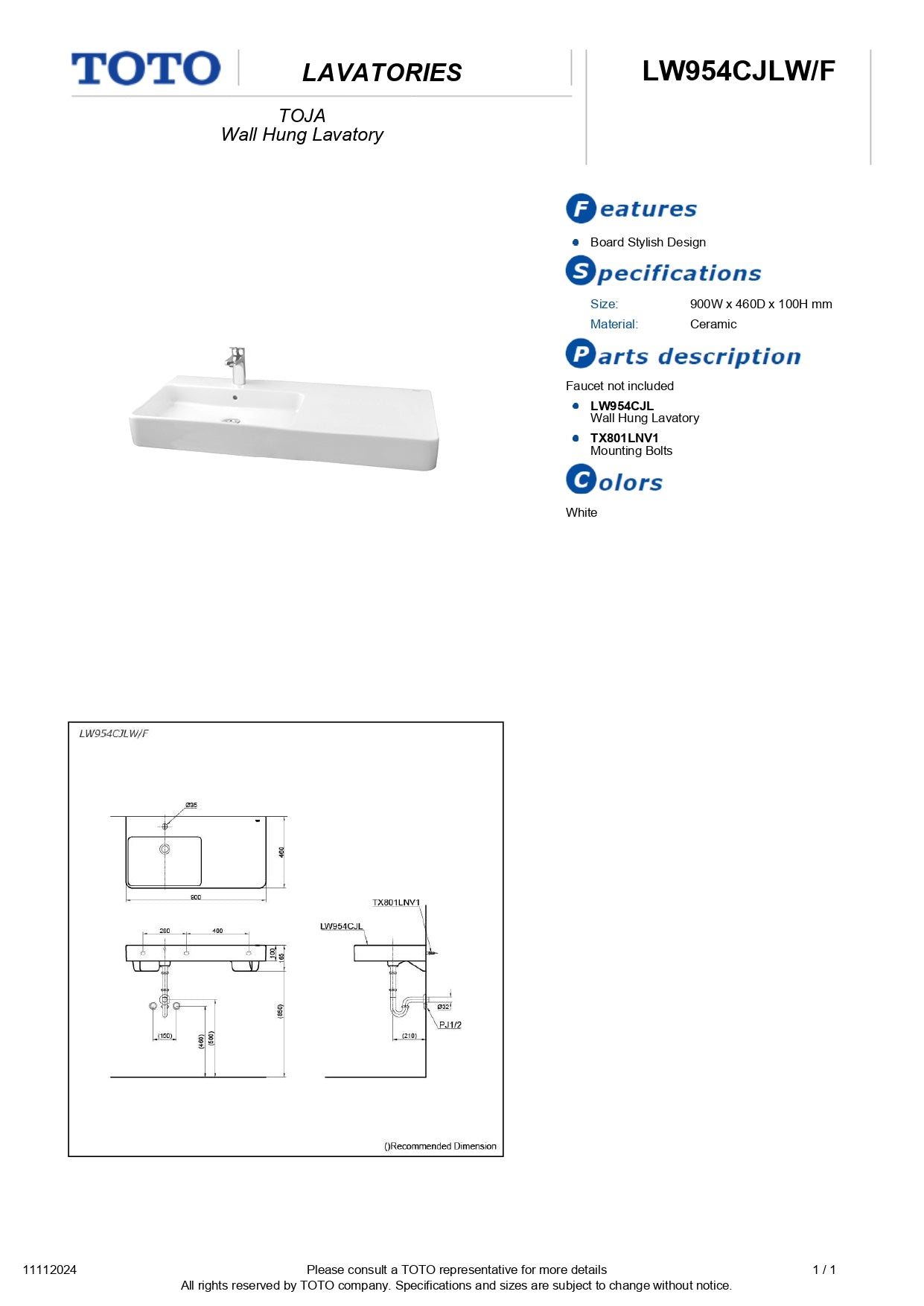 TOTO TOJA Wall Hung Lavatory Basin LW954CJLW