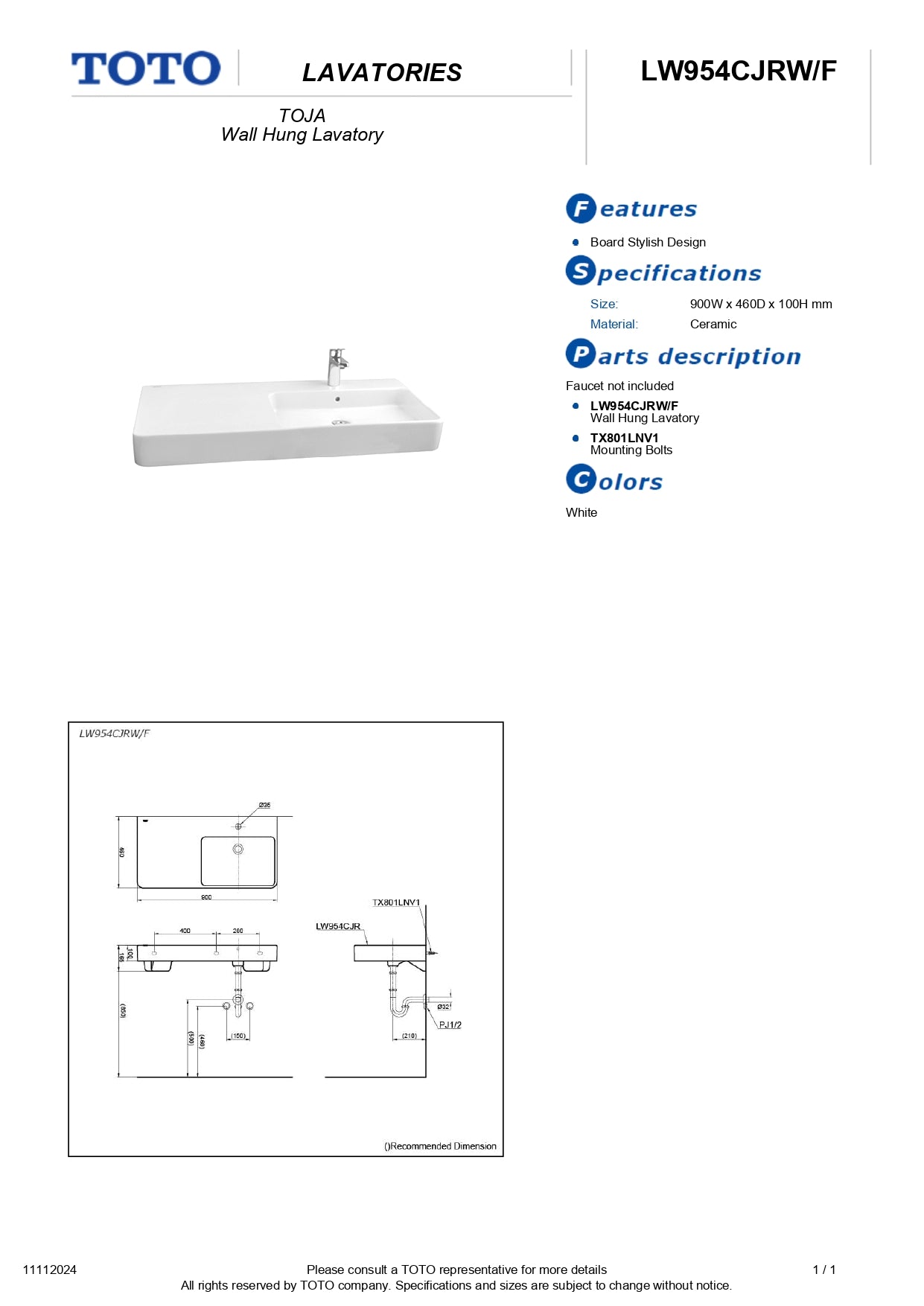 TOTO TOJA Wall Hung Lavatory Basin LW954CJRW