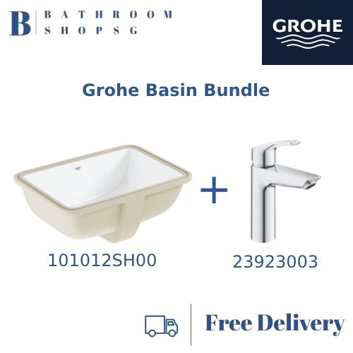 Grohe Euro Ceramic Undercounter Basin Square 101012SH00 Bundle with Grohe Eurosmart Basin Mixer M Size 23923003