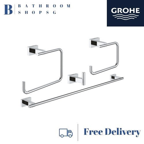 Grohe 40778001 Essentials Cube 4-in-1 Master Bathroom Accessories Set | Grohe Towel Rail | Paper Holder