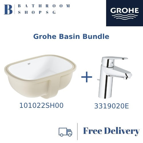 Grohe Eurosmart Undercounter Basin Oval 101022SH00 Bundle with Grohe Eurodisc Cosmopolitan Basin Mixer S Size 3319020E