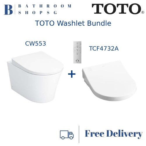 TOTO CW553A Wall Hung Rimless Toilet Bowl bundle with Auto Lid Washlet TCF4732A Electric Bidet Seat