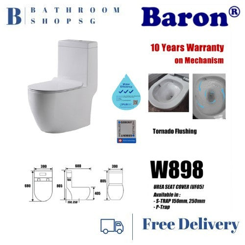 Baron Rimless Tornado Flush One Piece Toilet Bowl | Geberit Flushing System | Baron W898 WC