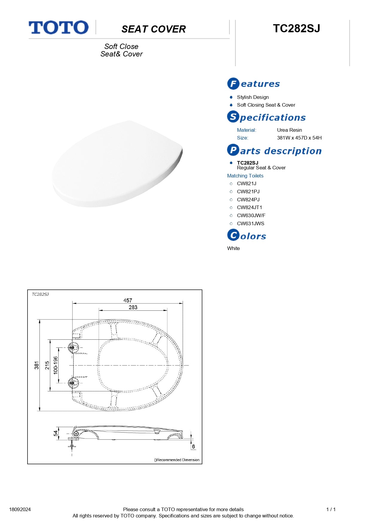TOTO Soft Closing Toilet Seat and Cover TC282SJ