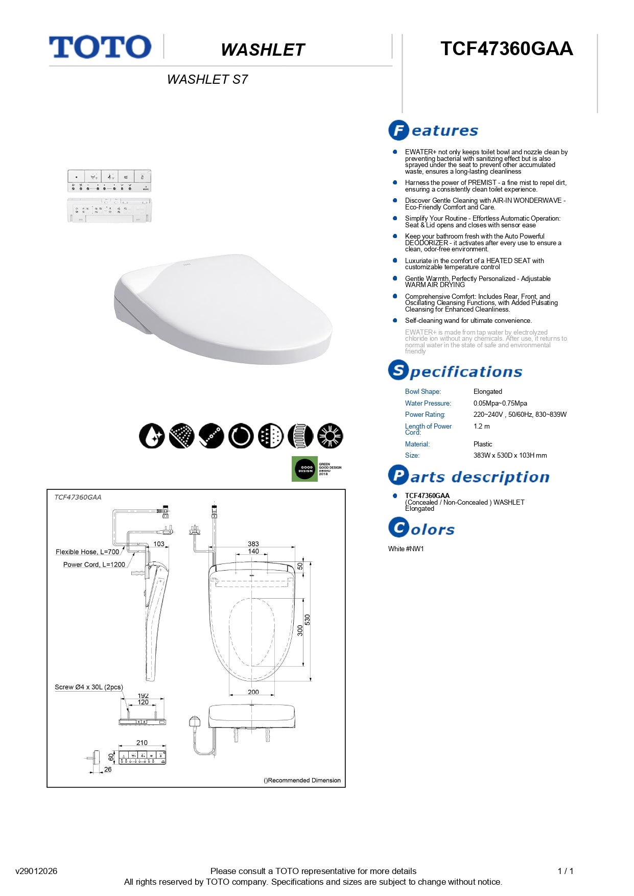 TOTO Washlet S7 Auto Sensor TCF47360GAA Electric Bidet Seat with Remote Control