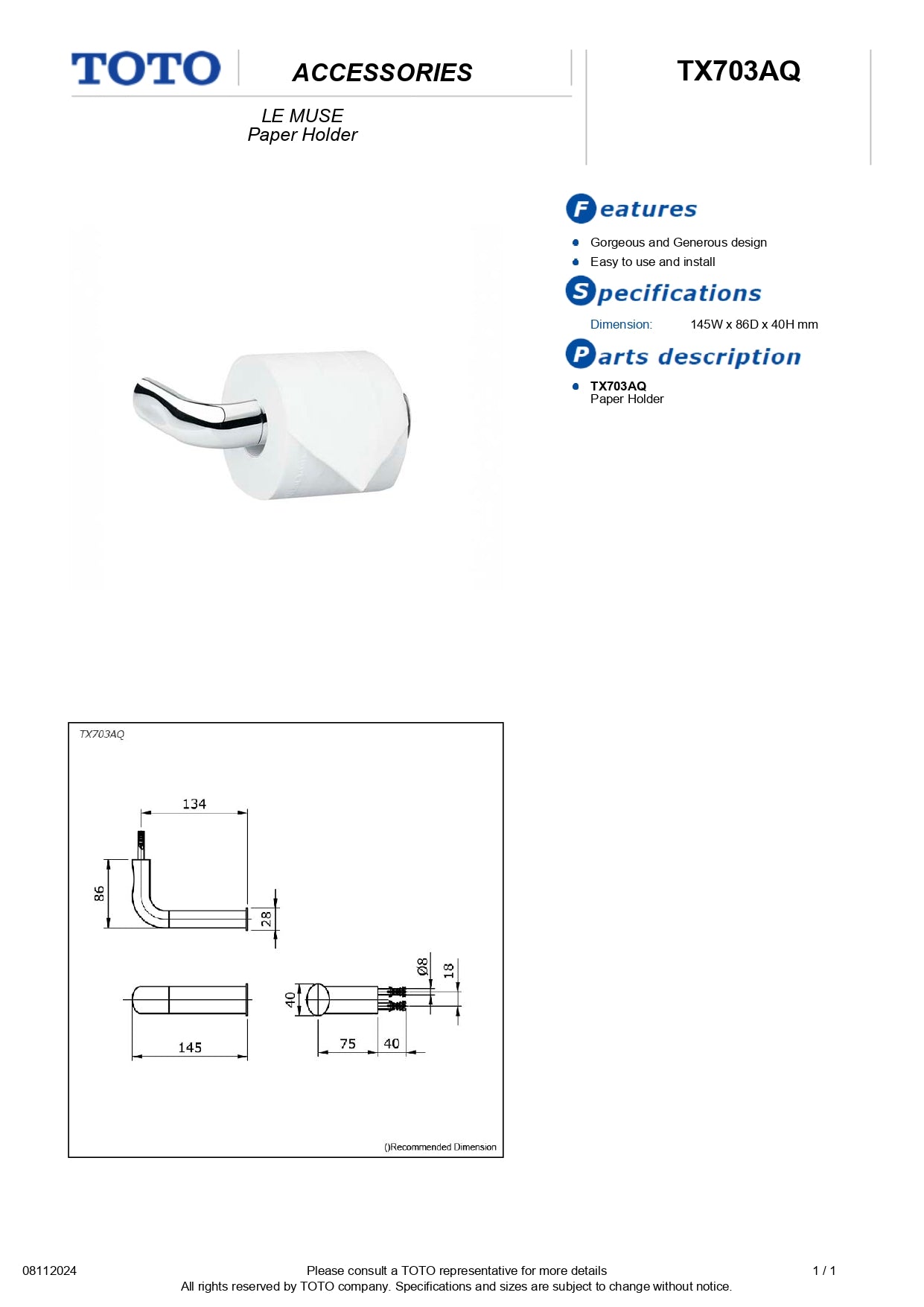 TOTO Le Muse Toilet Paper Holder TX703AQ