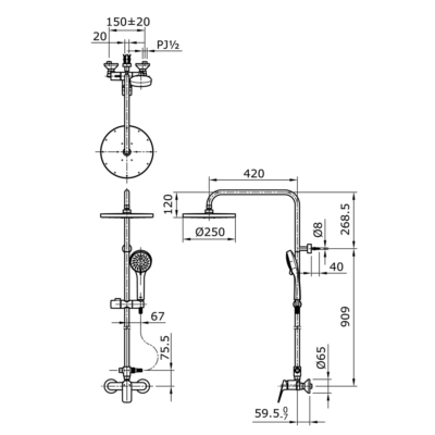 TOTO TX492SRS Rei S Single Lever Handle Round Shower Column Set